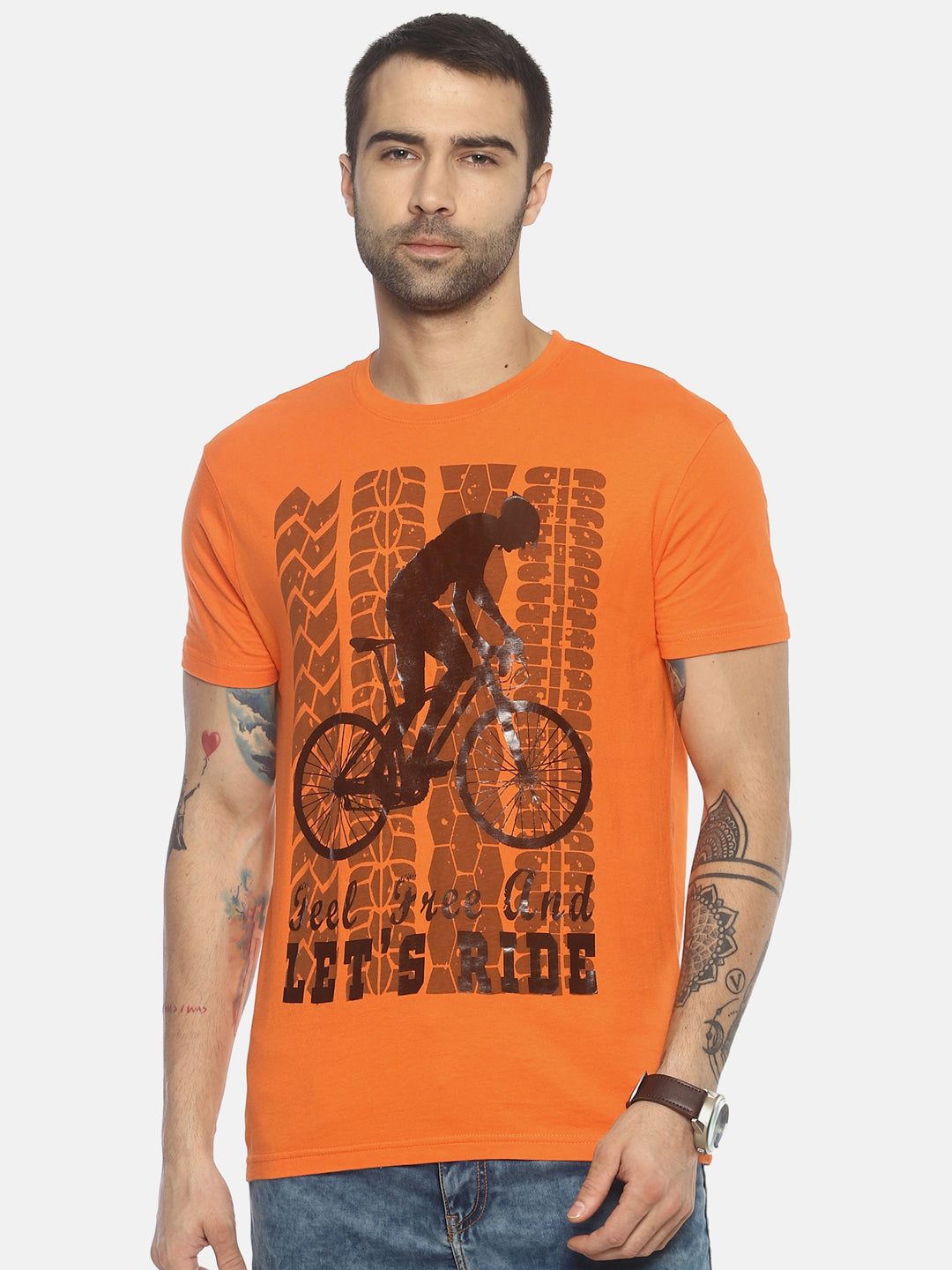 Wolfpack Men Orange Printed Round Neck T-Shirt Wolfpack