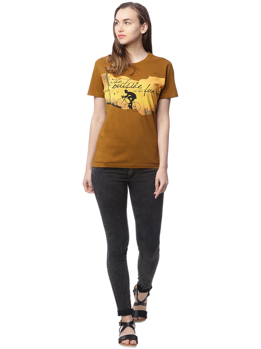 Wolfpack Women Greenish Brown Printed T-Shirt Wolfpack
