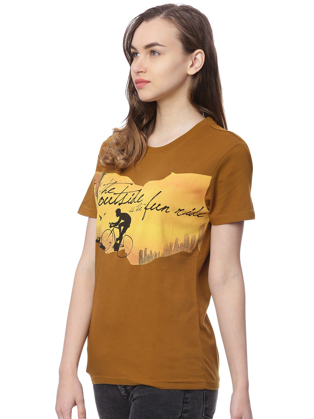 Wolfpack Women Greenish Brown Printed T-Shirt Wolfpack