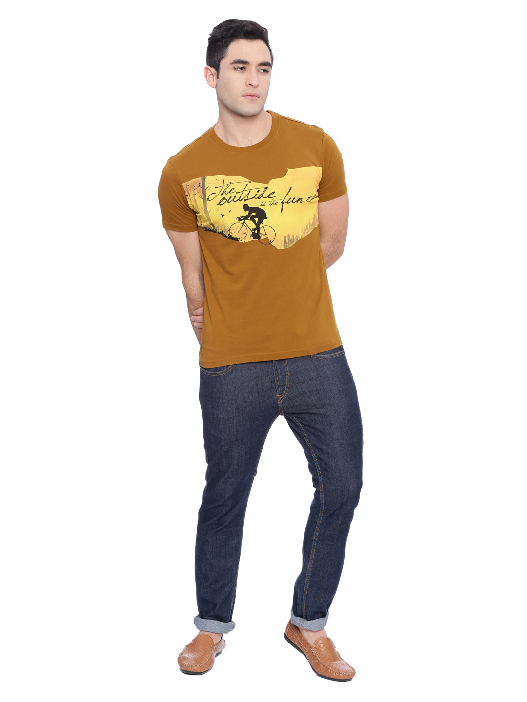Wolfpack Men Brown Printed Round Neck T-Shirt Wolfpack