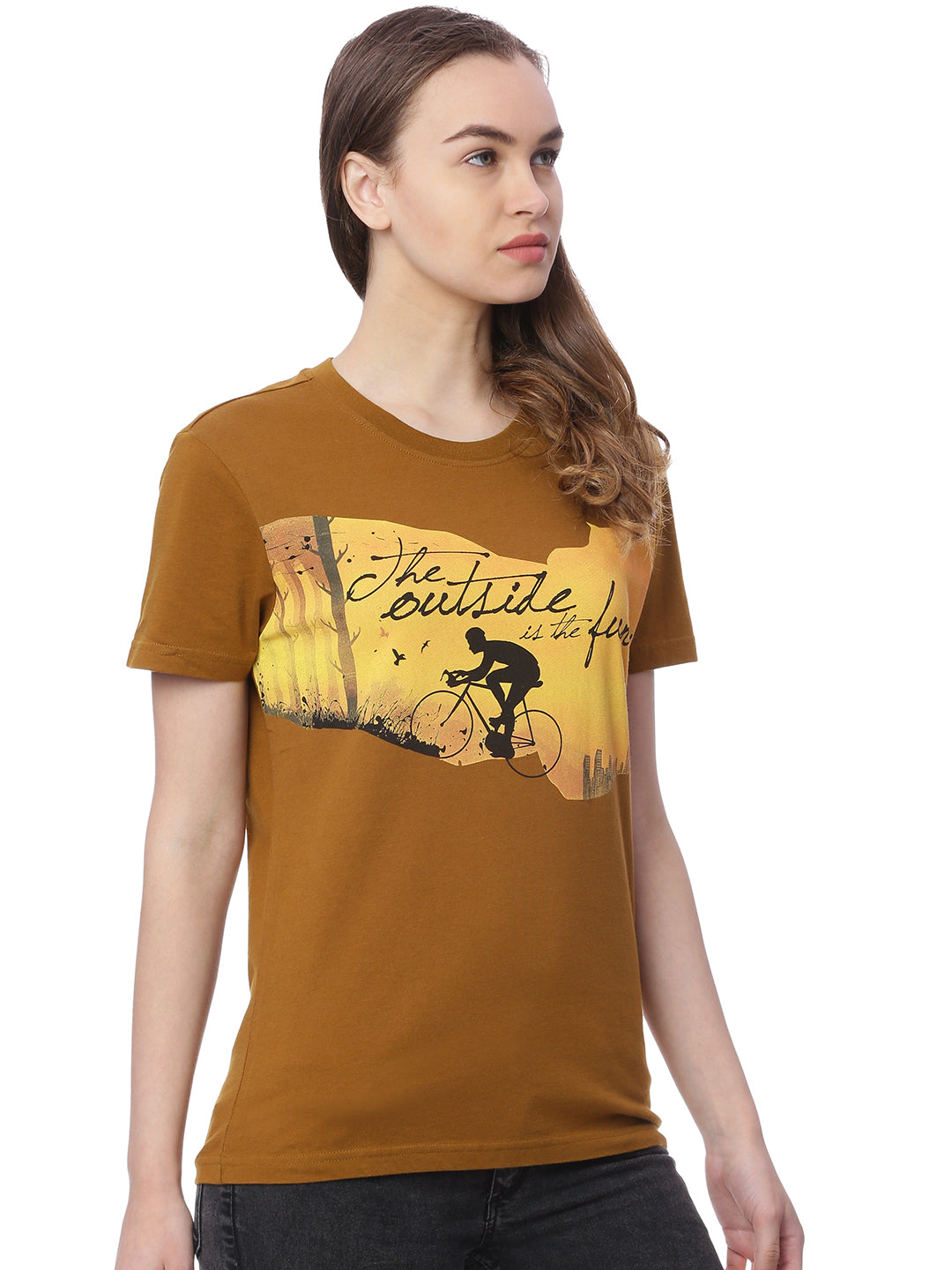 Wolfpack Women Greenish Brown Printed T-Shirt Wolfpack