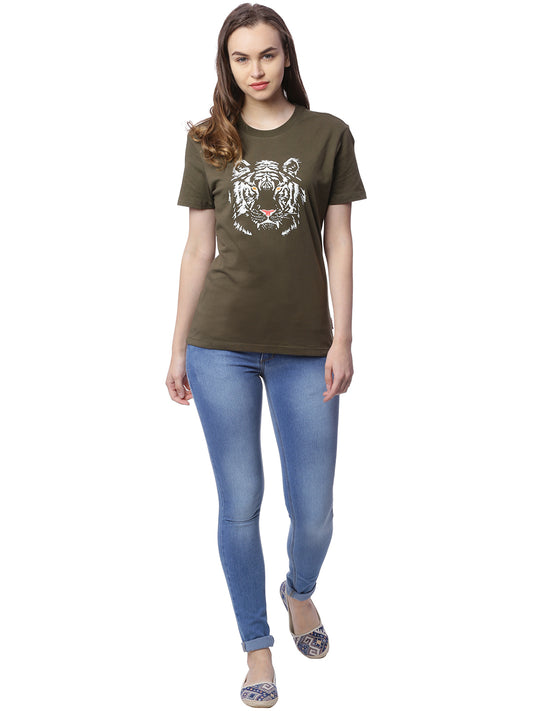 Wolfpack Women Army Green Printed T-Shirt Wolfpack