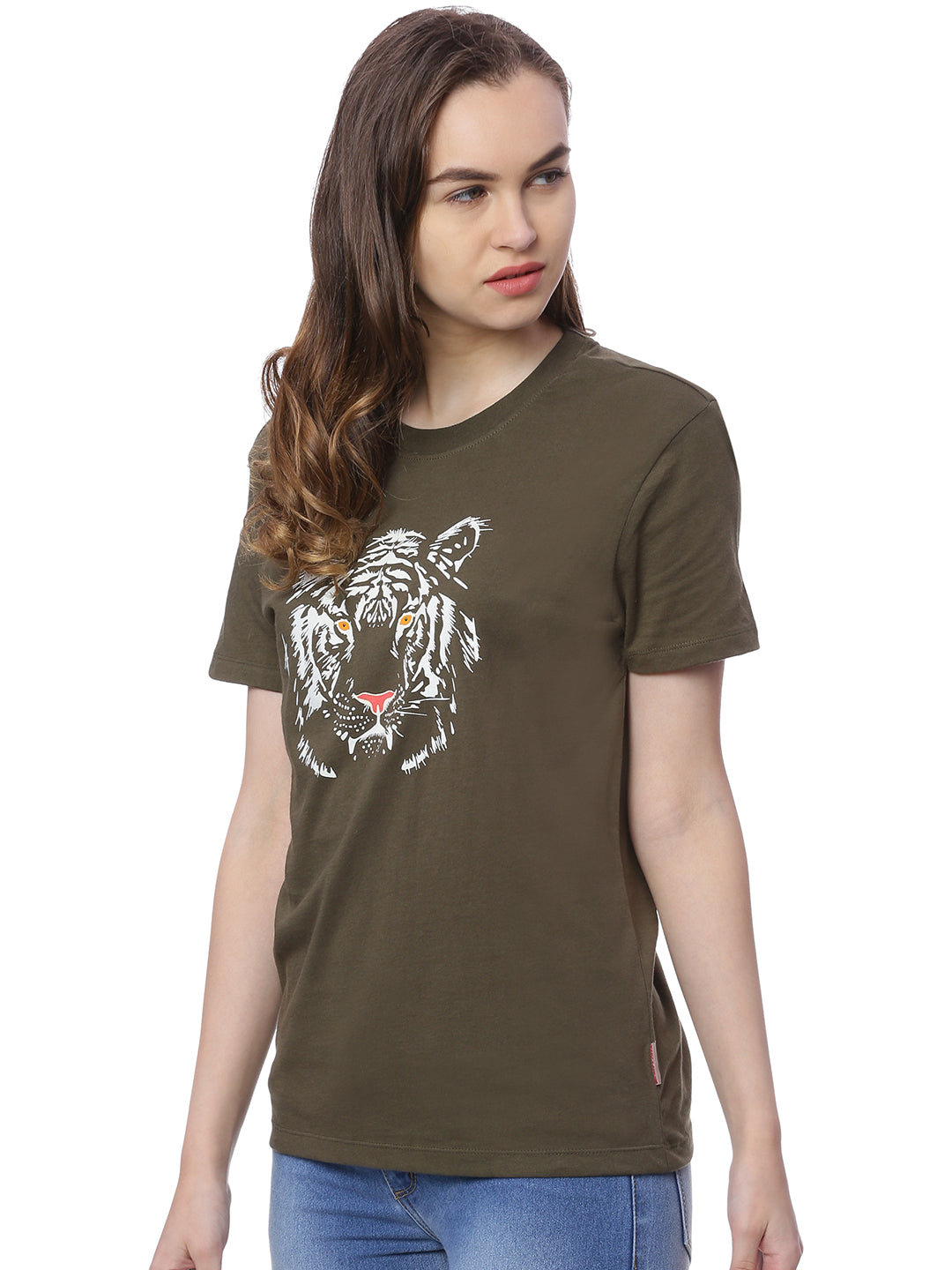 Wolfpack Women Army Green Printed T-Shirt Wolfpack