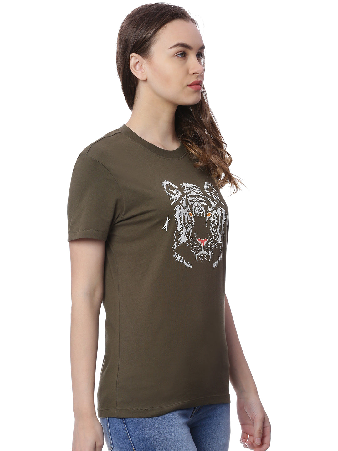 Wolfpack Women Army Green Printed T-Shirt Wolfpack