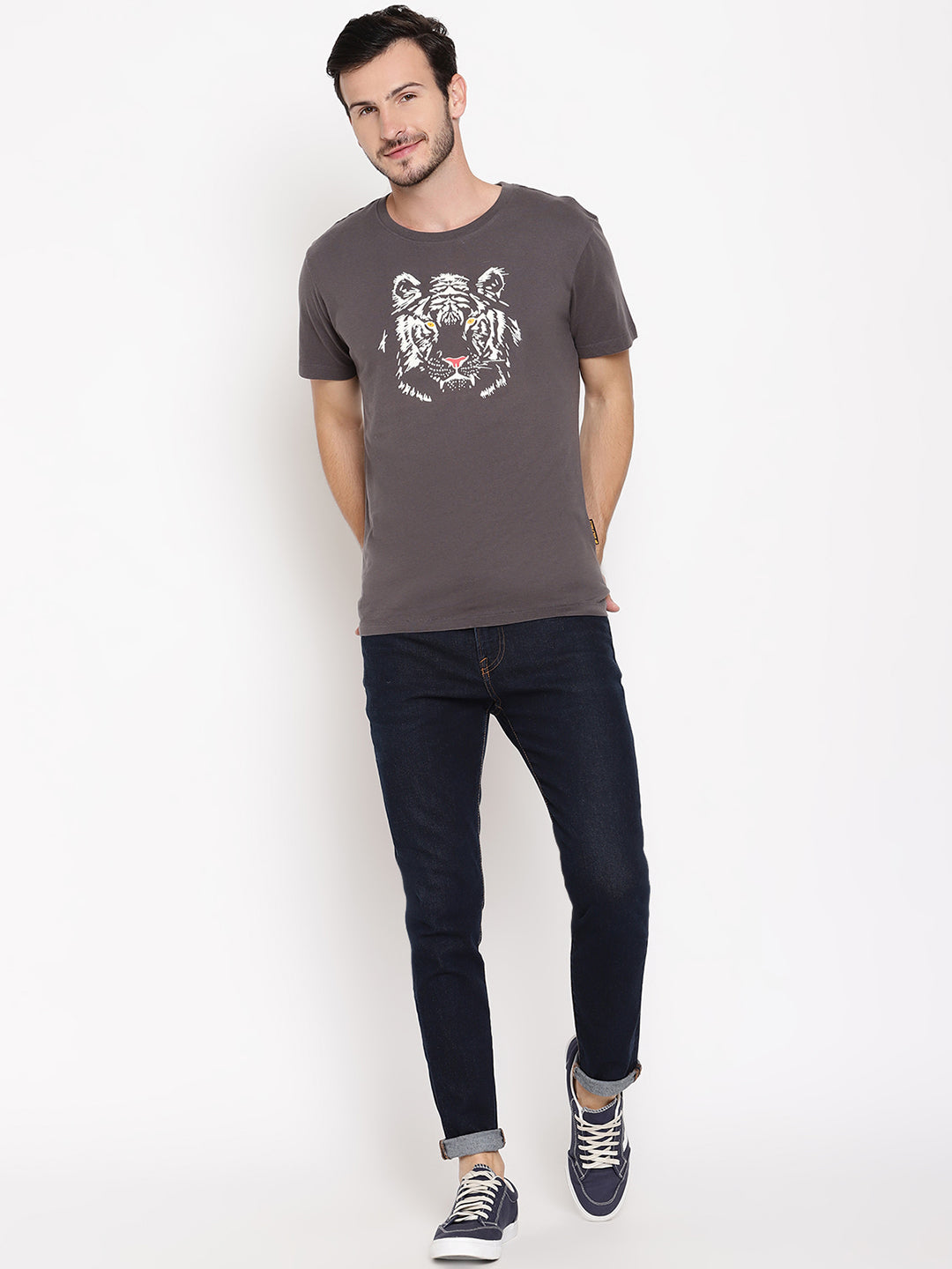 Wolfpack Men Glowing Tiger Dark Grey Printed T-Shirt Wolfpack