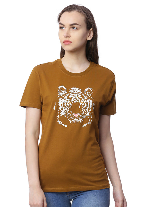 Wolfpack Women Greenish Brown Printed T-Shirt Wolfpack