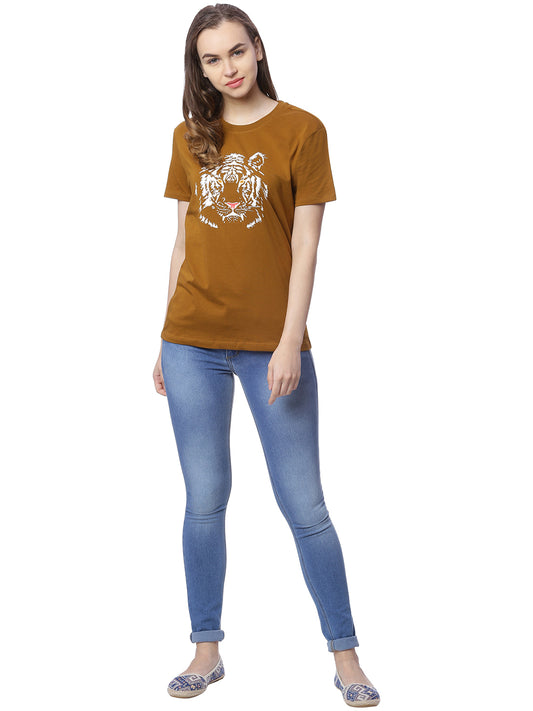 Wolfpack Women Greenish Brown Printed T-Shirt Wolfpack