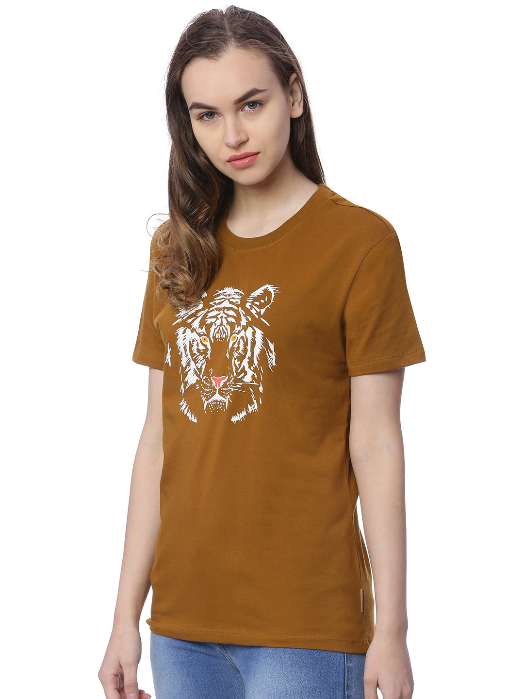 Wolfpack Women Greenish Brown Printed T-Shirt Wolfpack