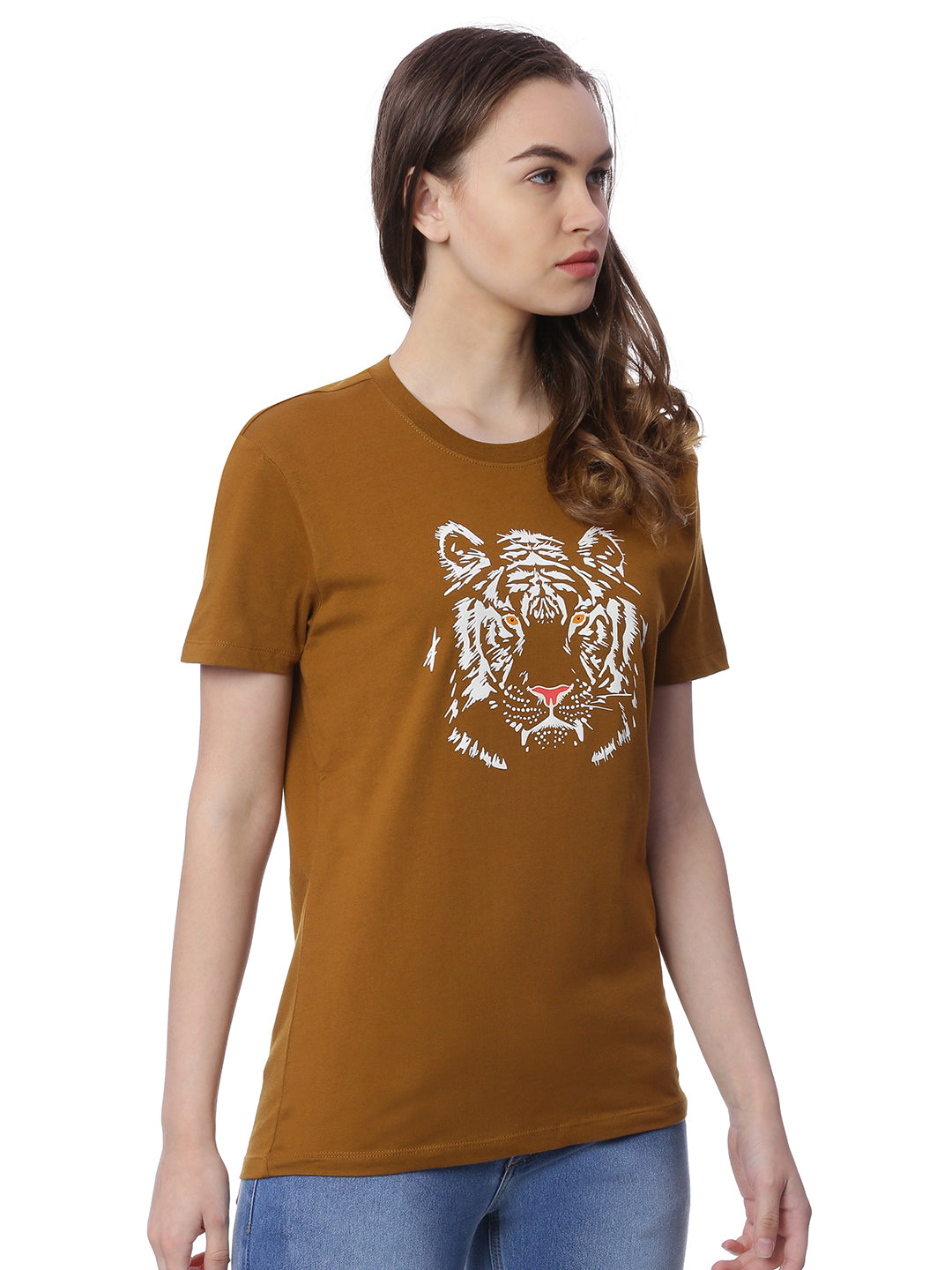 Wolfpack Women Greenish Brown Printed T-Shirt Wolfpack