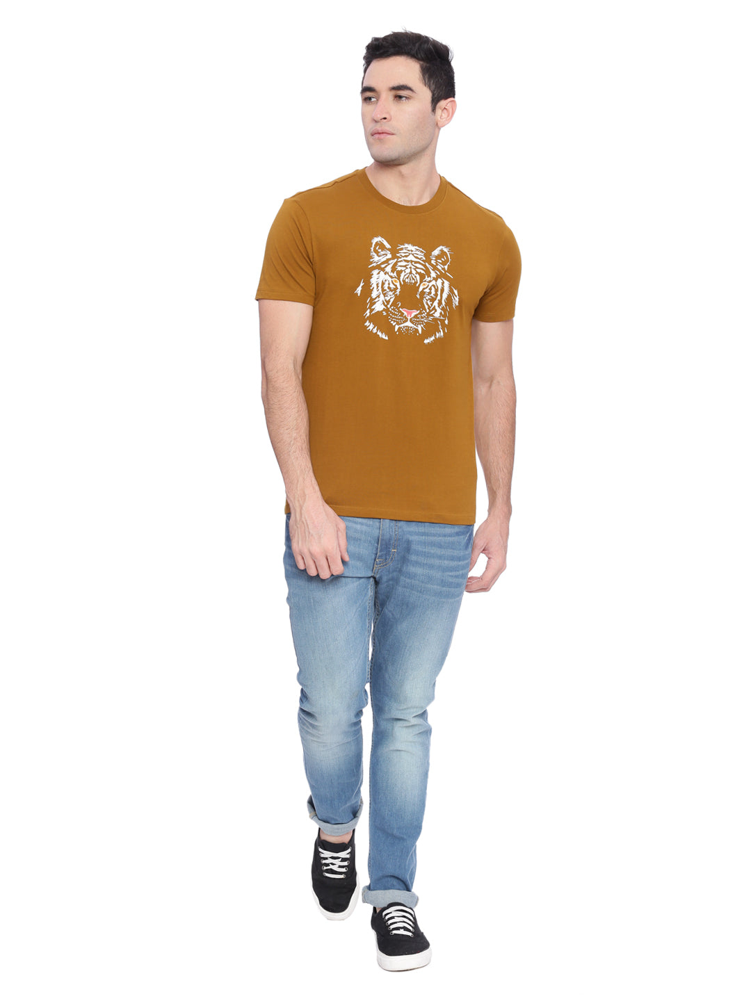 Wolfpack Men Brown Printed Round Neck T-Shirt Wolfpack