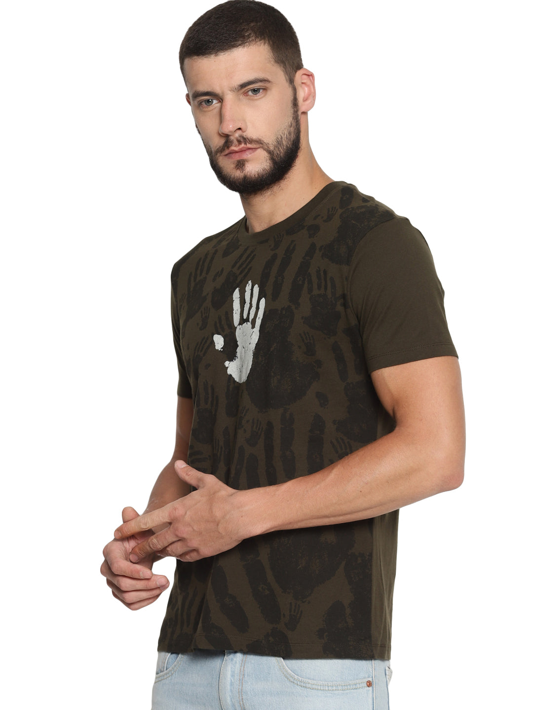 Wolfpack Men Olive Green Printed T-Shirt Wolfpack