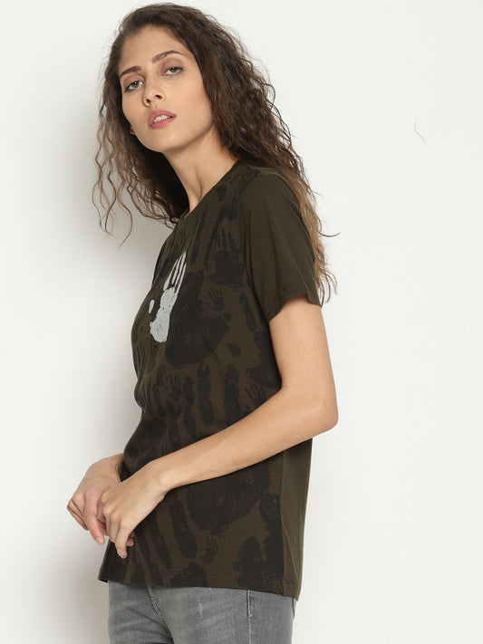 Wolfpack Women Olive Green Printed T-Shirt Wolfpack