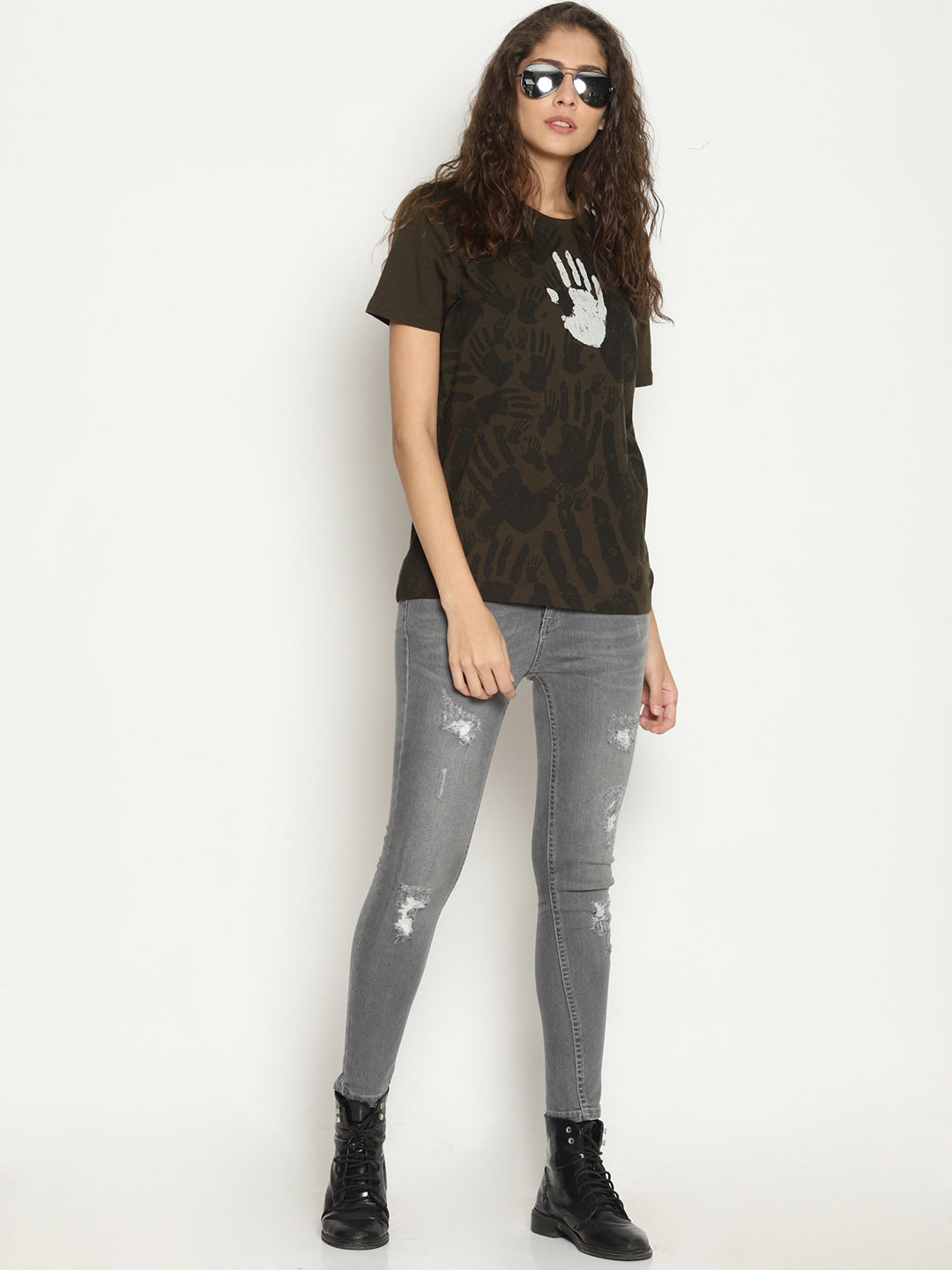 Wolfpack Women Olive Green Printed T-Shirt Wolfpack