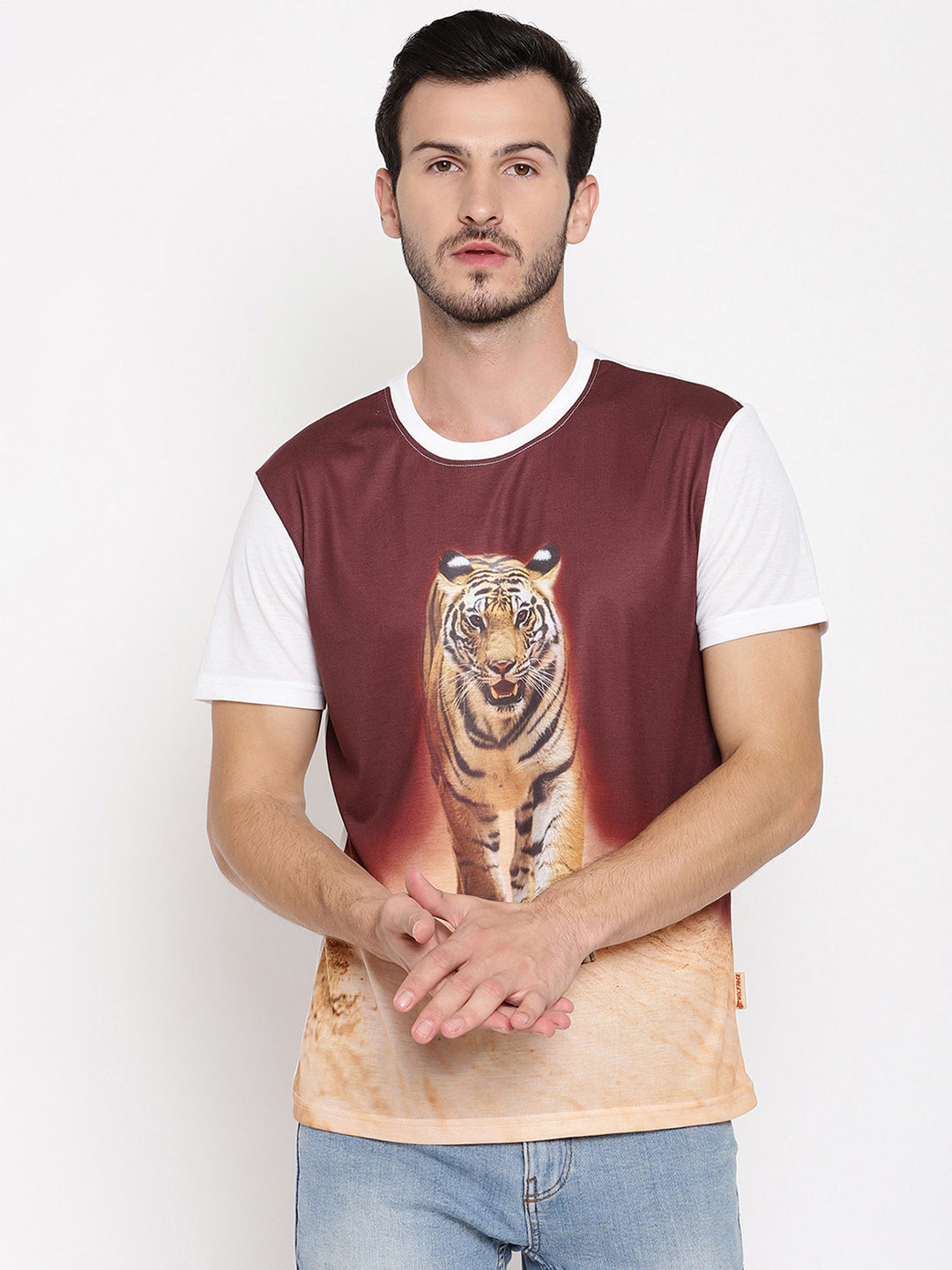 Tiger Head On Poly Brown with White Printed Men T-Shirt Wolfpack
