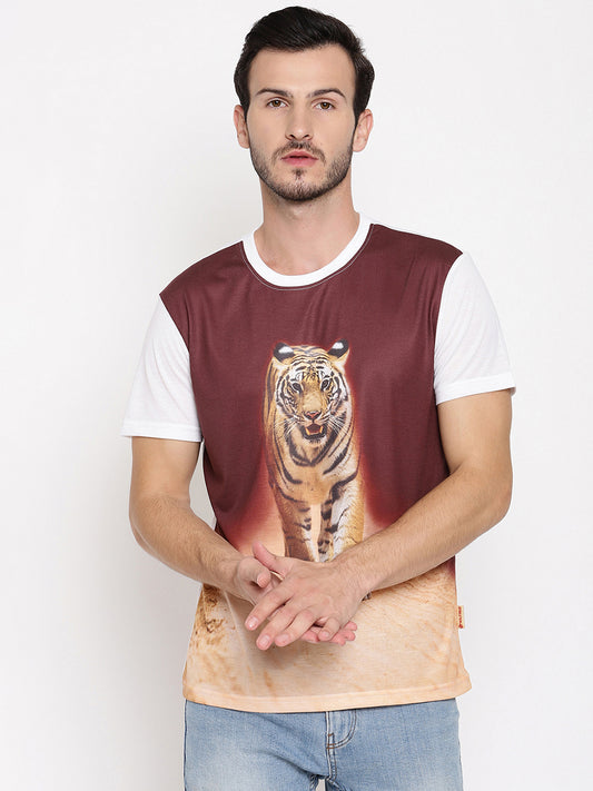 Tiger Head On Poly Brown with White Printed Men T-Shirt Wolfpack