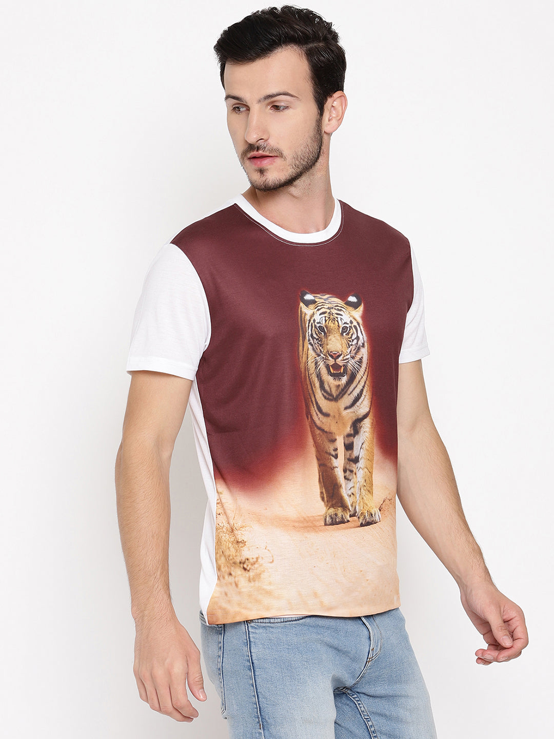 Tiger Head On Poly Brown with White Printed Men T-Shirt Wolfpack