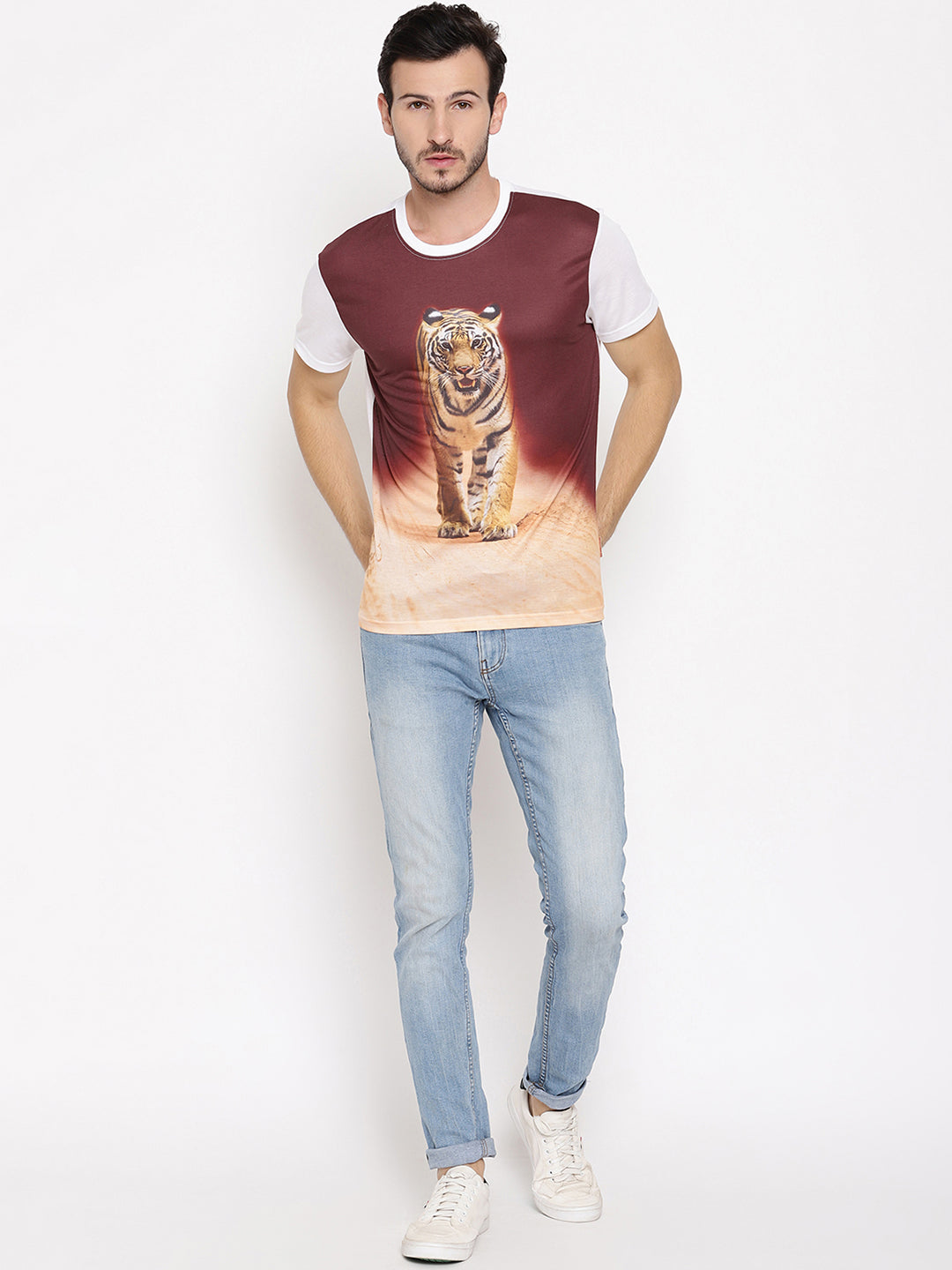 Tiger Head On Poly Brown with White Printed Men T-Shirt Wolfpack