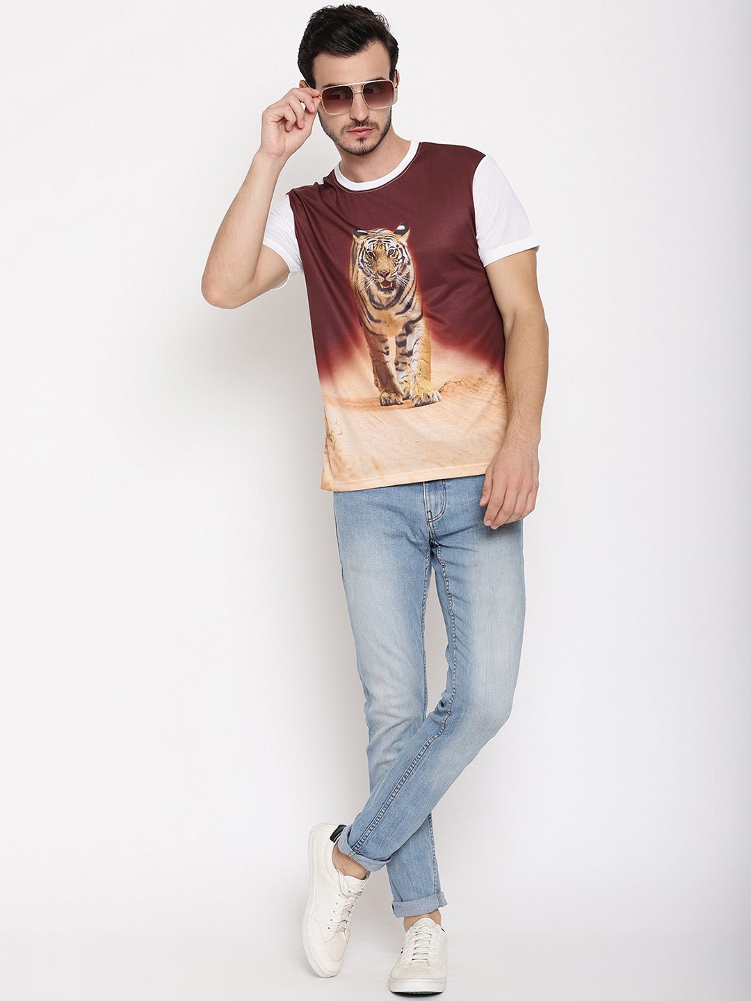 Tiger Head On Poly Brown with White Printed Men T-Shirt Wolfpack