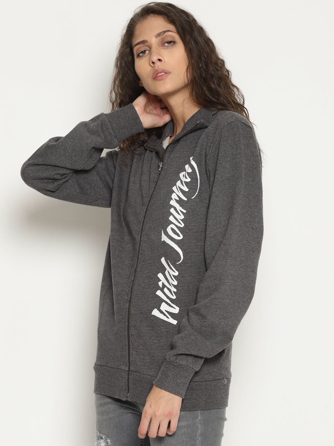 Wolfpack Women Hi-neck Solid Zipped Dark Grey Jacket Wolfpack