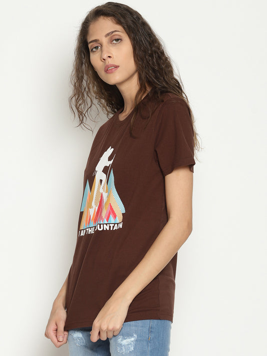Wolfpack Women Choco Brown Printed T-Shirt Wolfpack