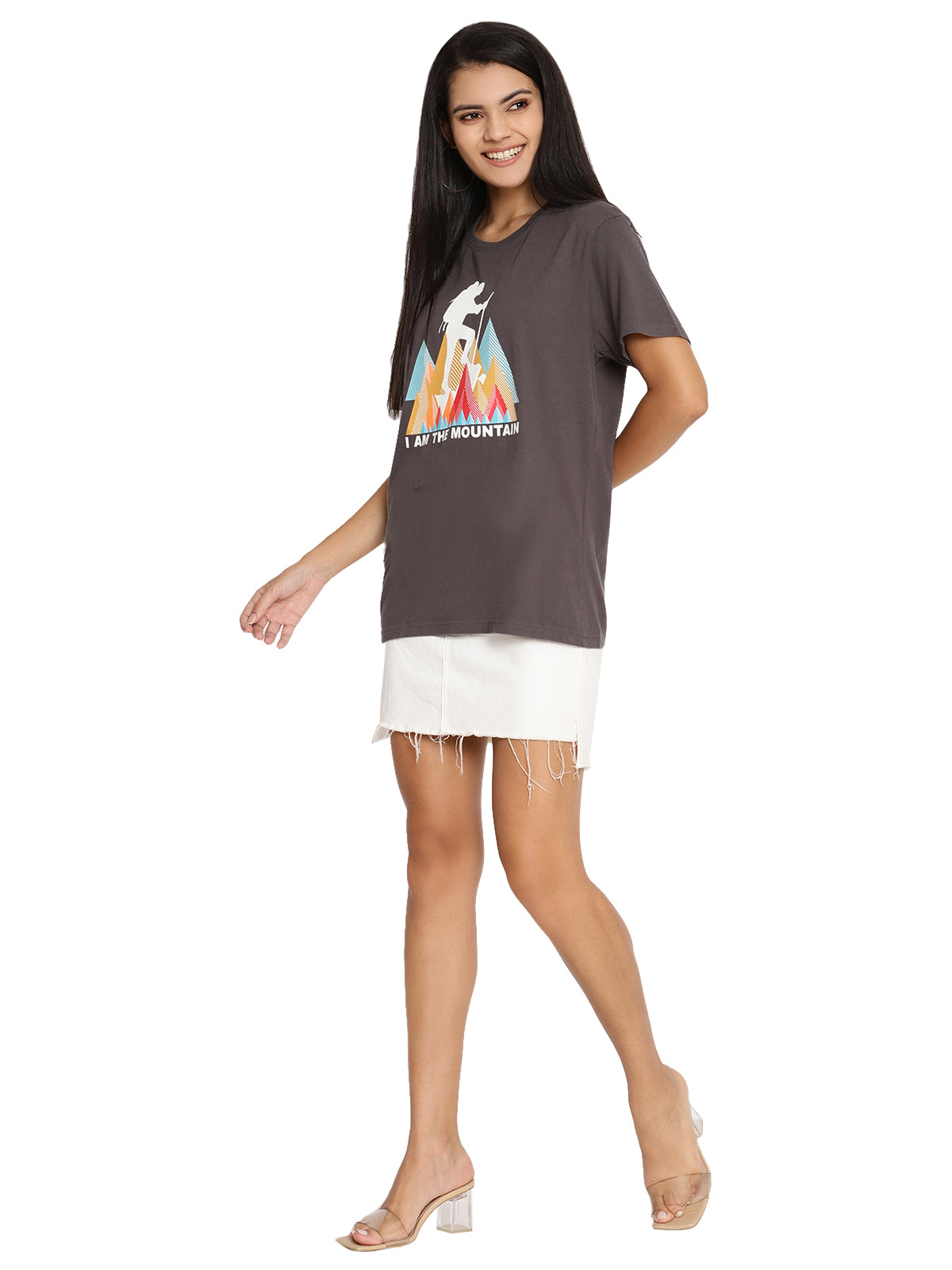 Wolfpack I Am Mountain Dark Grey Printed Women T-Shirt Wolfpack