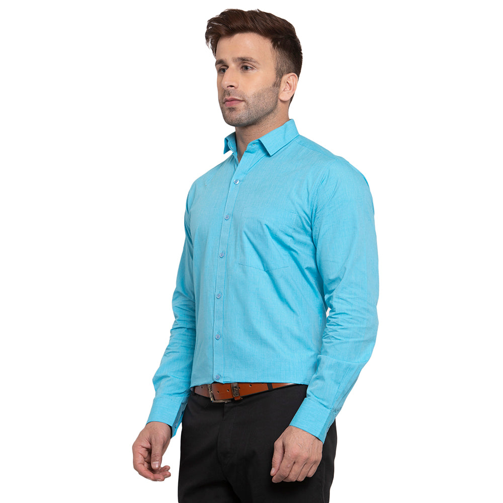 Copperline Men Turquoise Solid Slim Fit Formal Shirt Copperline