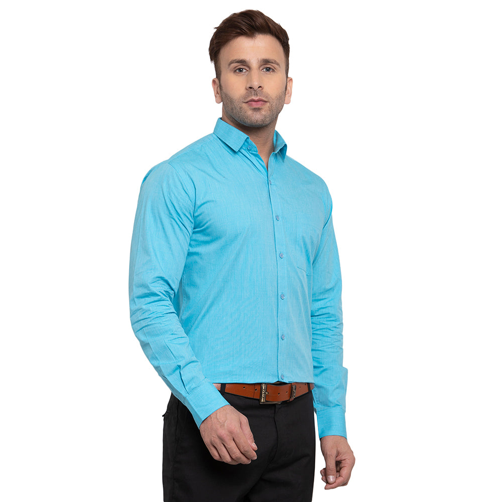 Copperline Men Turquoise Solid Slim Fit Formal Shirt Copperline