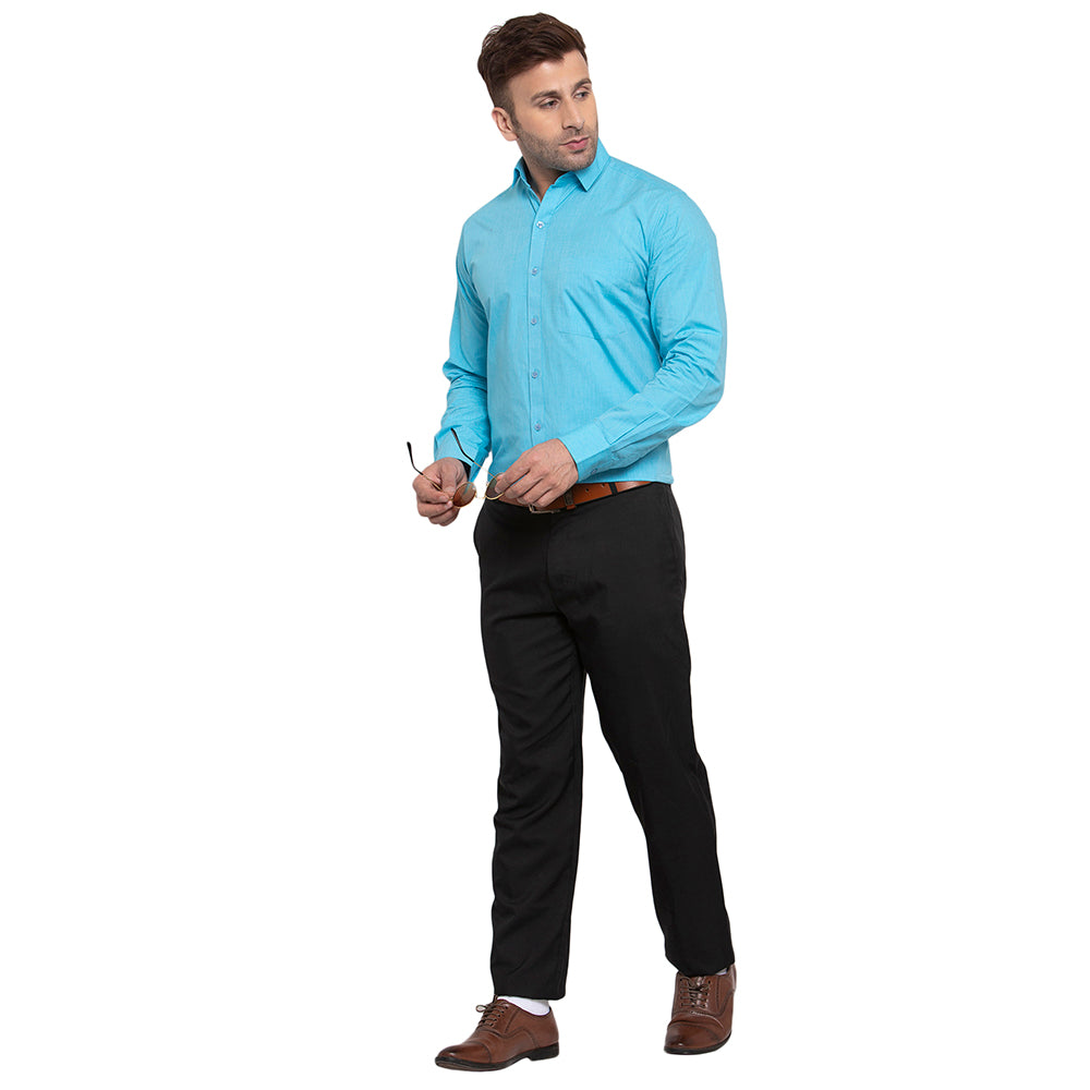 Copperline Men Turquoise Solid Slim Fit Formal Shirt Copperline