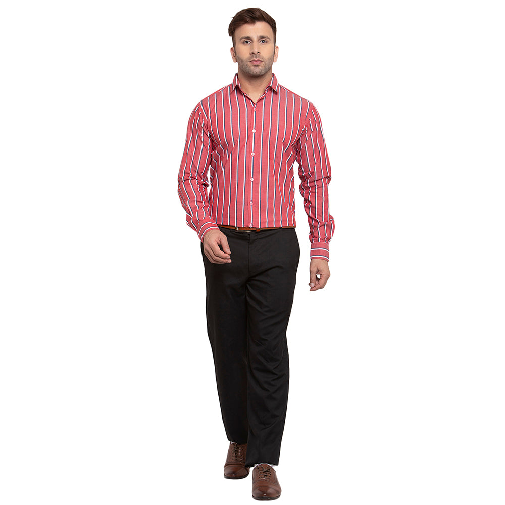 Copperline Men Red & White-Blue Slim Fit Striped Formal Shirt Copperline