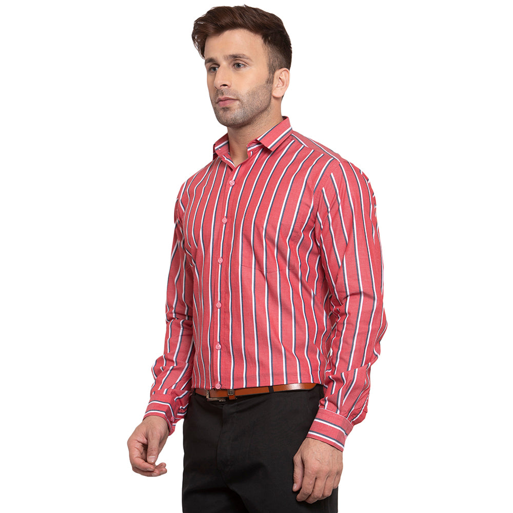 Copperline Men Red & White-Blue Slim Fit Striped Formal Shirt Copperline