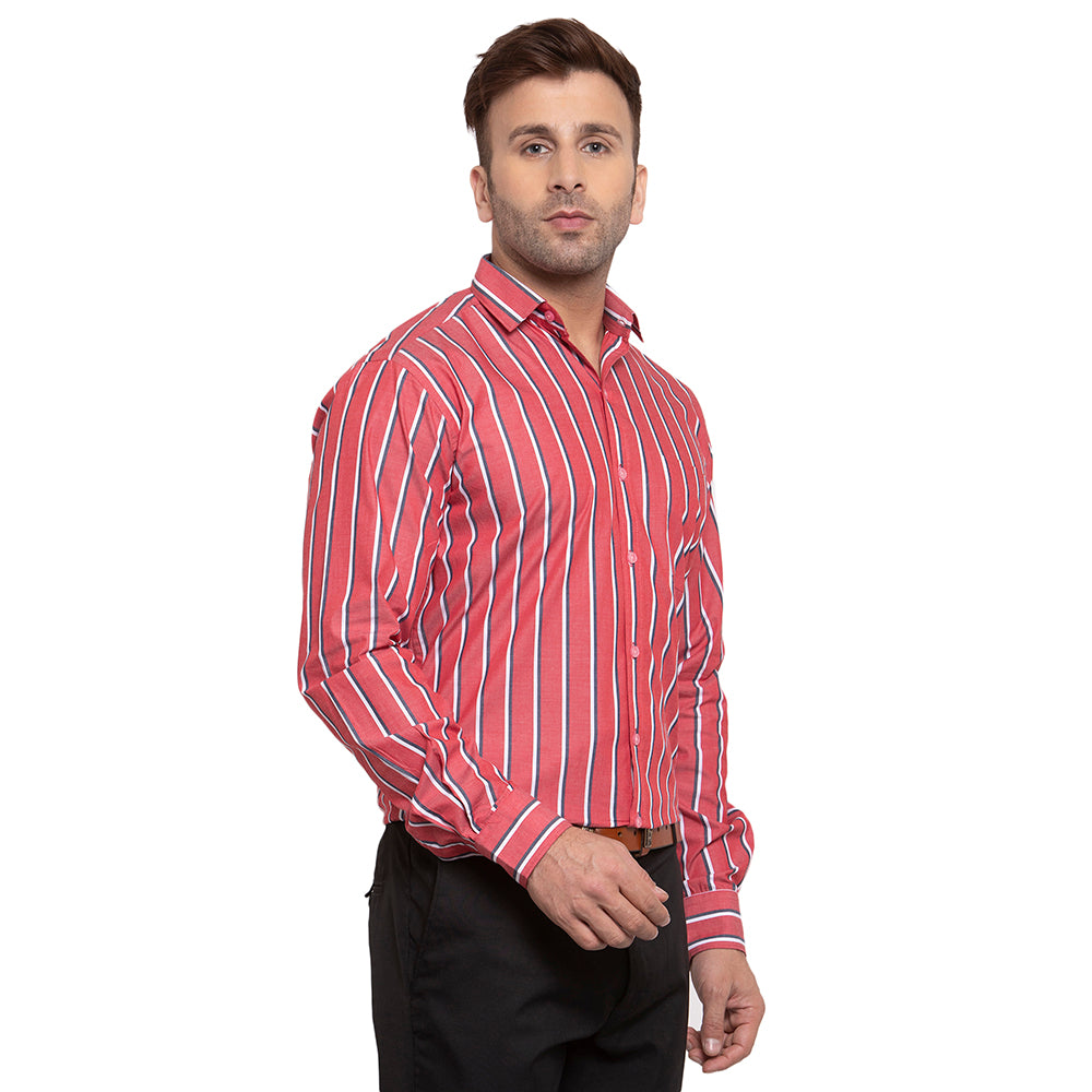 Copperline Men Red & White-Blue Slim Fit Striped Formal Shirt Copperline