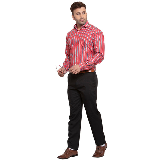 Copperline Men Red & White-Blue Slim Fit Striped Formal Shirt Copperline