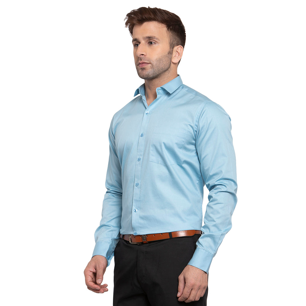 Copperline Men Sky Blue Solid Slim Fit Formal Shirt Copperline