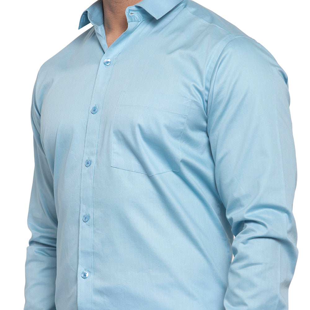 Copperline Men Sky Blue Solid Slim Fit Formal Shirt Copperline