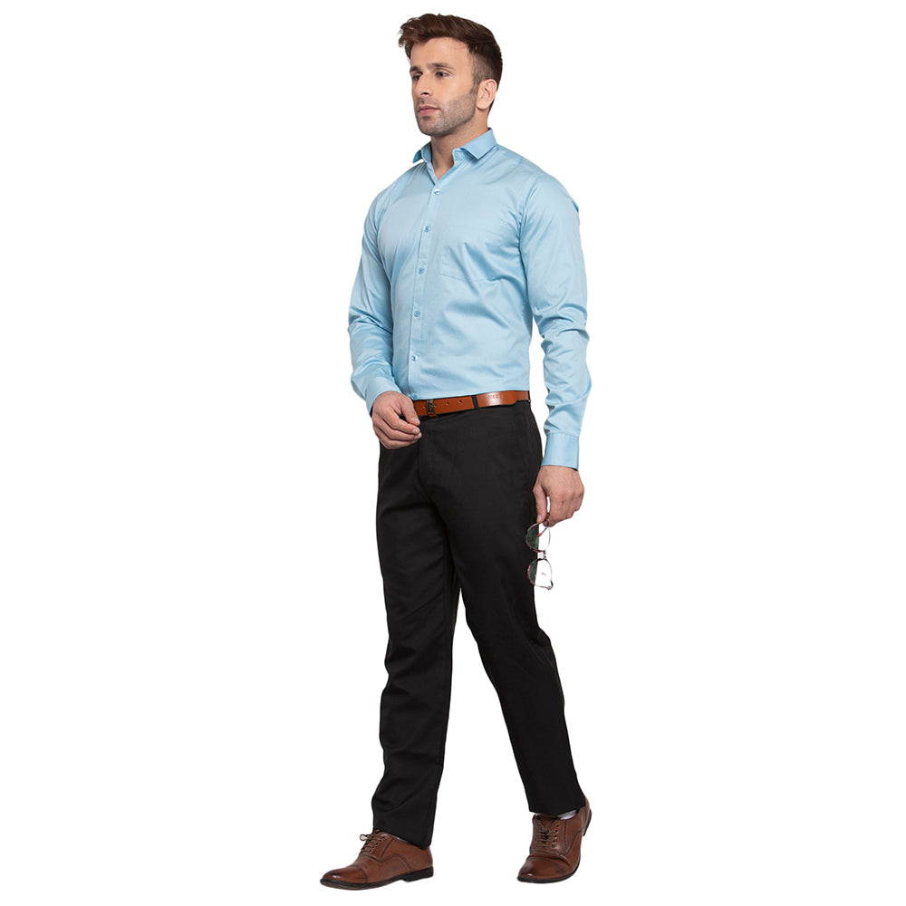 Copperline Men Sky Blue Solid Slim Fit Formal Shirt Copperline