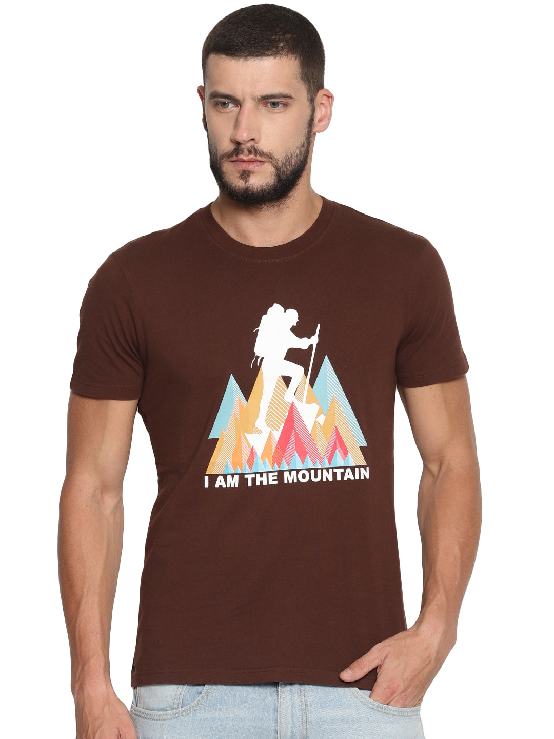 Wolfpack Men Choco Brown Printed Round Neck T-Shirt Wolfpack