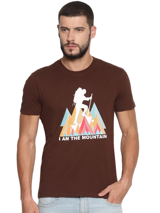 Wolfpack Men Choco Brown Printed Round Neck T-Shirt Wolfpack