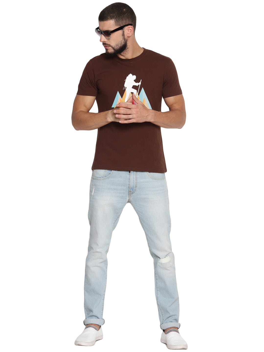 Wolfpack Men Choco Brown Printed Round Neck T-Shirt Wolfpack