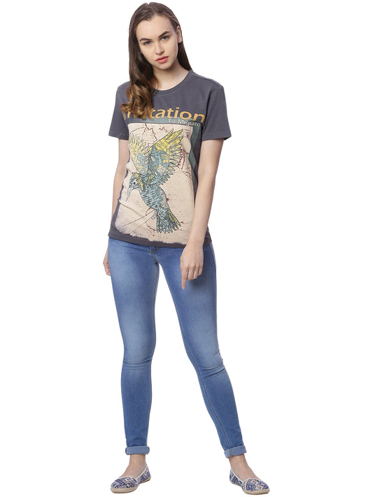 Wolfpack Women Dark Grey Printed T-Shirt Wolfpack