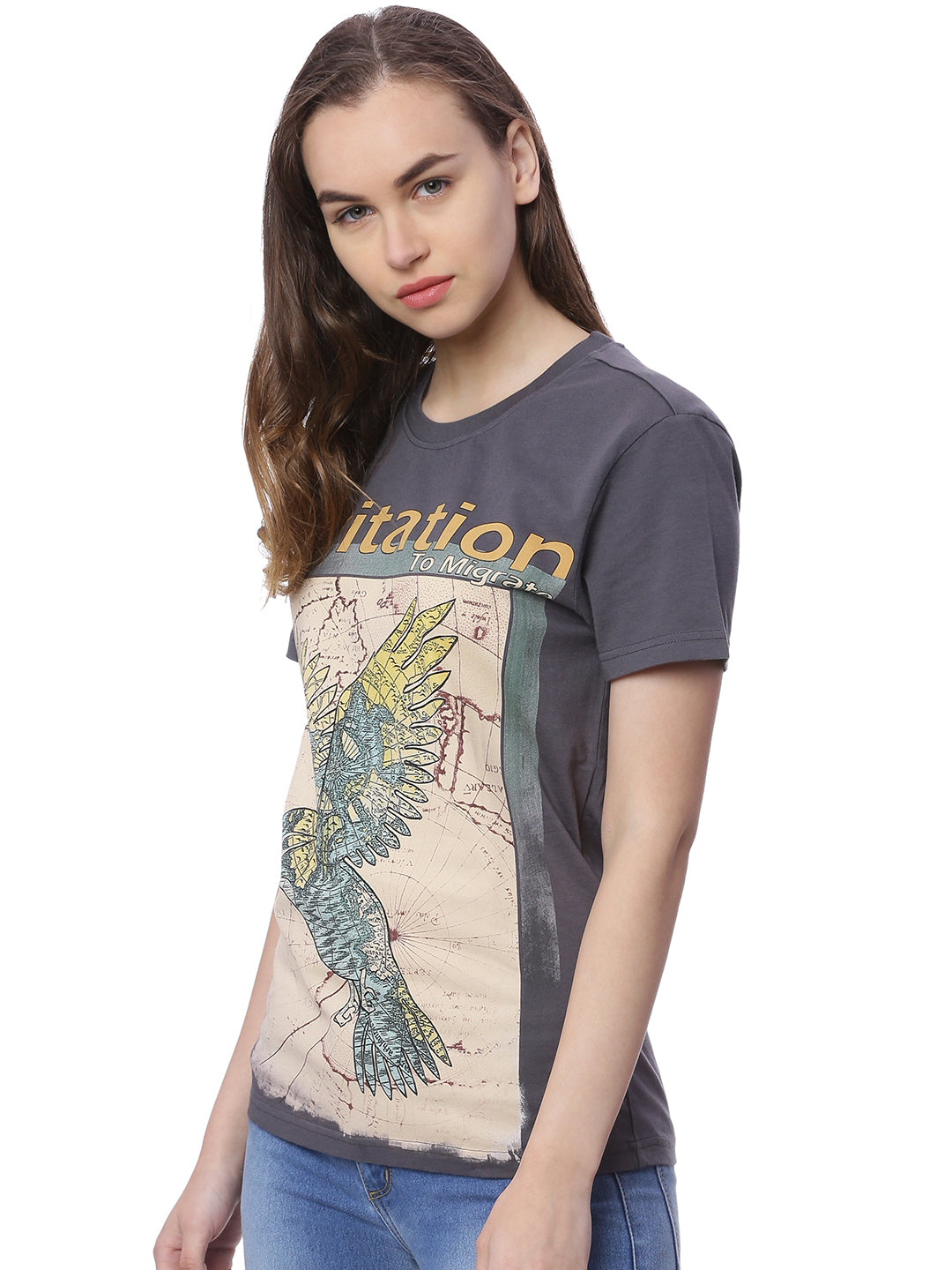 Wolfpack Women Dark Grey Printed T-Shirt Wolfpack