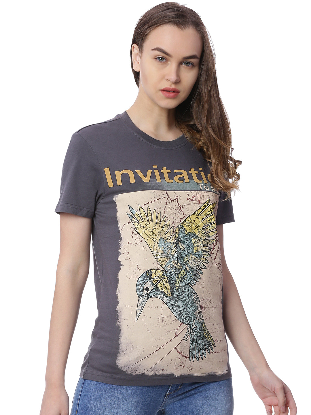 Wolfpack Women Dark Grey Printed T-Shirt Wolfpack