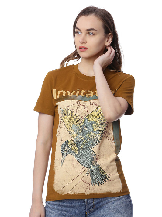 Wolfpack Women Greenish Brown Printed T-Shirt Wolfpack