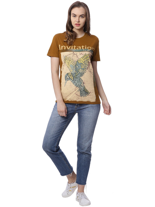 Wolfpack Women Greenish Brown Printed T-Shirt Wolfpack