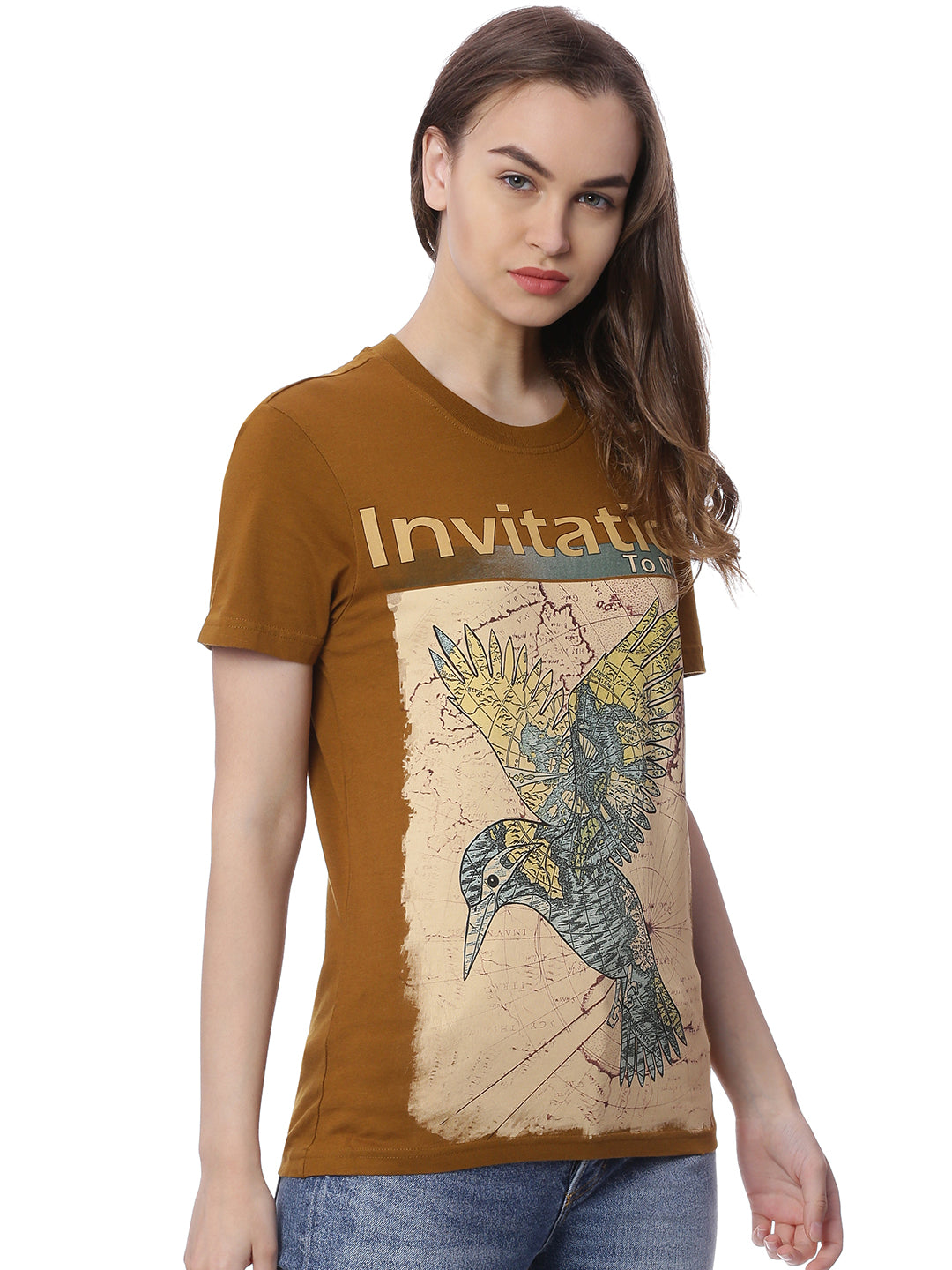 Wolfpack Women Greenish Brown Printed T-Shirt Wolfpack