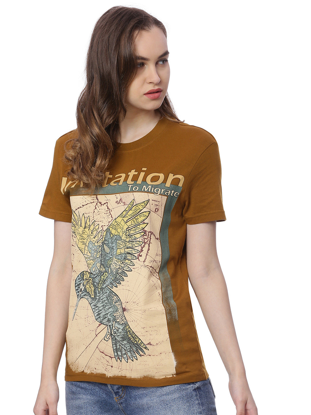 Wolfpack Women Greenish Brown Printed T-Shirt Wolfpack