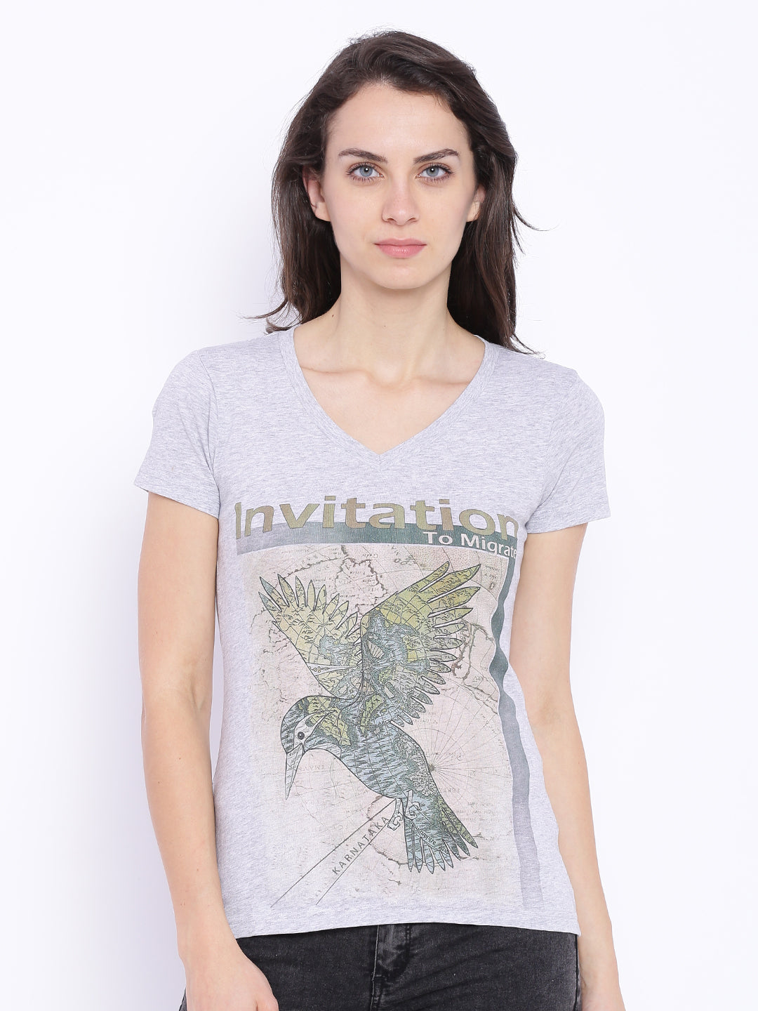 Wolfpack Women Grey Melange Printed T-Shirt Wolfpack
