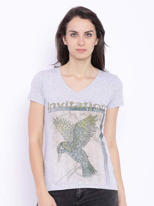 Wolfpack Women Grey Melange Printed T-Shirt Wolfpack