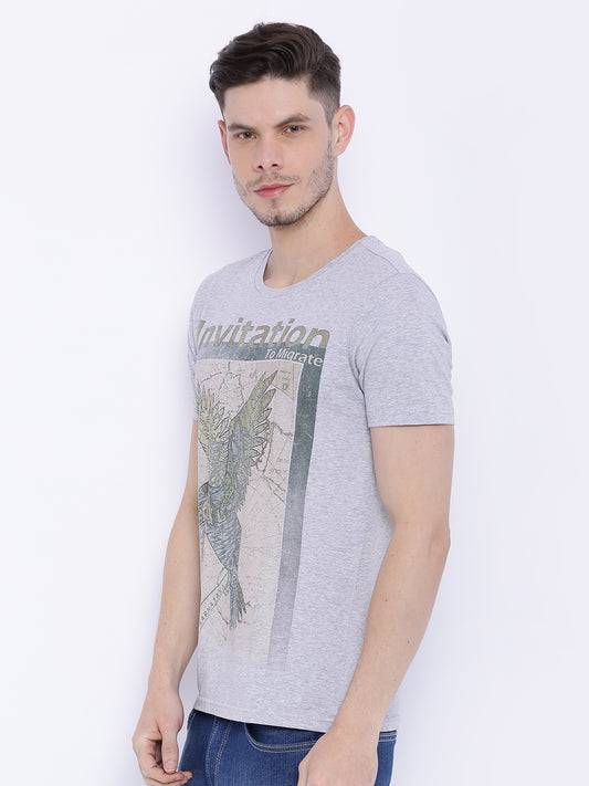 Wolfpack Men Grey Melange Printed T-Shirt Wolfpack