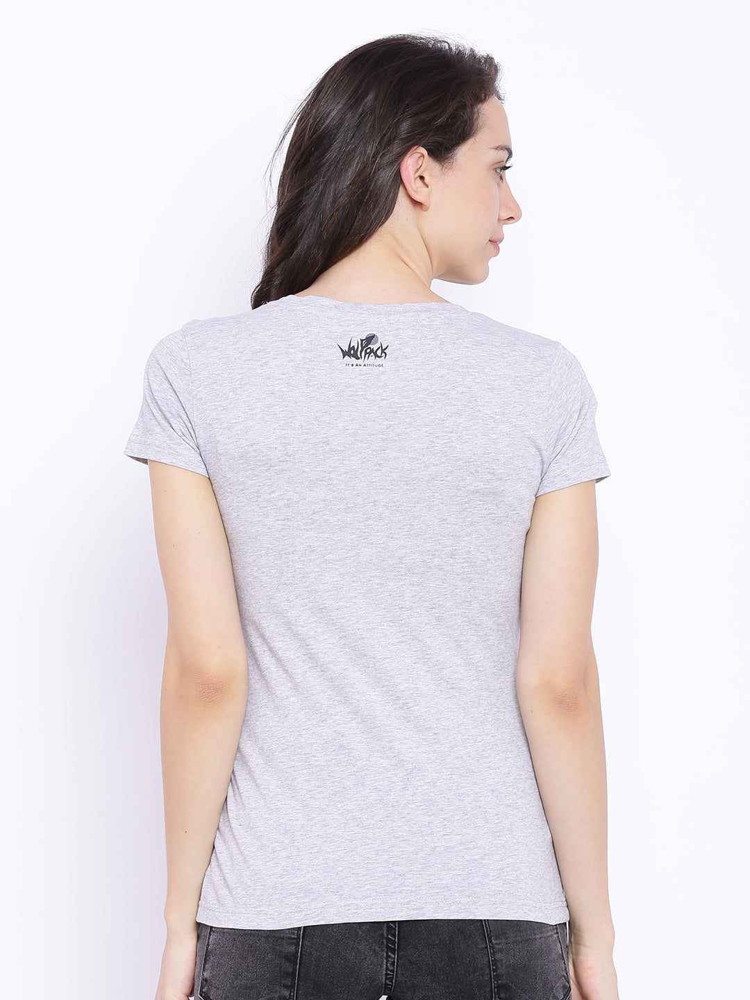 Wolfpack Women Grey Melange Printed T-Shirt Wolfpack
