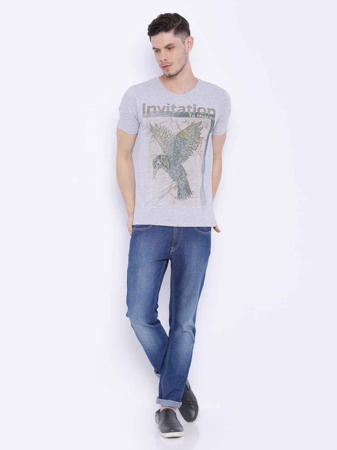 Wolfpack Men Grey Melange Printed T-Shirt Wolfpack
